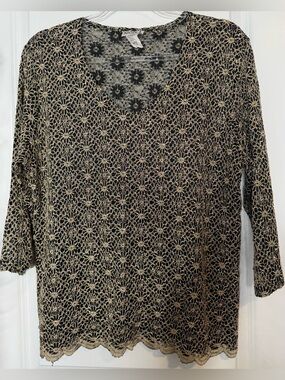 NICOLA Black Blouse with Metallic Gold Lace floral Motif Sz XL stretch